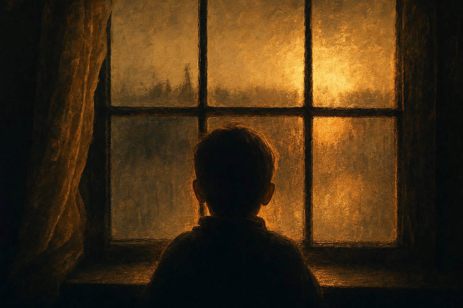 A young boy gazes out a stone window at a sunset, with a clay lamp beside him and scrolls on a wooden ledge.