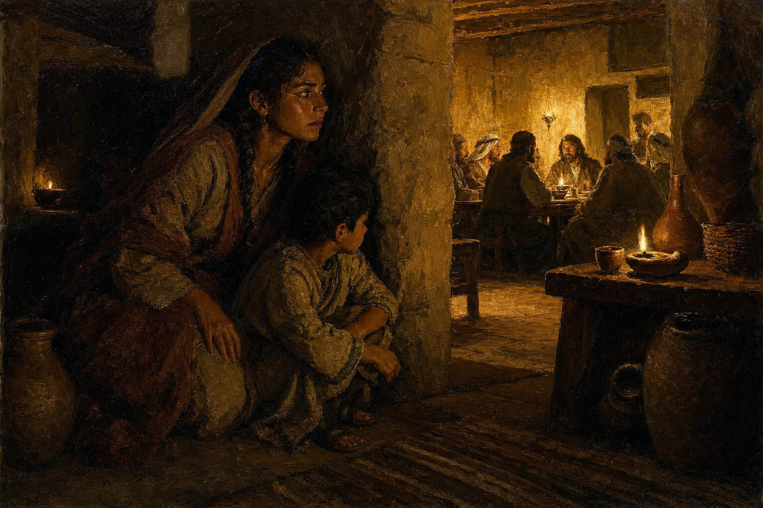 A grown man kneeling beside a small boy in the shadowed corner of a warmly lit restaurant, both watching a distant table
