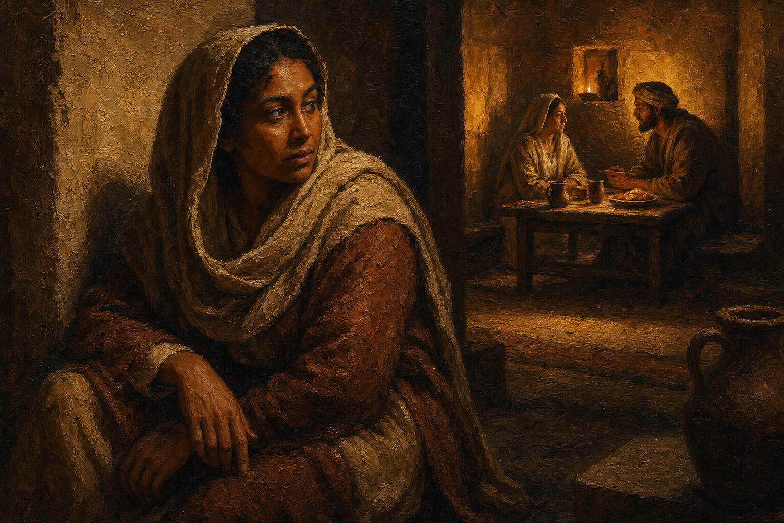 A man seated alone at the edge of a dim, warm-lit room, half in shadow
