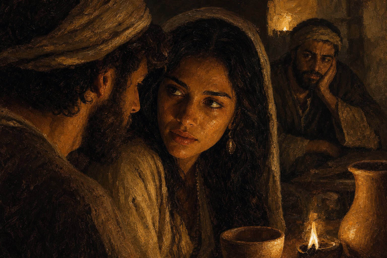 A dim restaurant table; two figures leaning close in warm low light, and a solitary observer half in shadow, watching