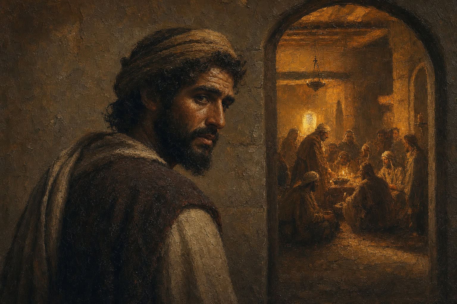 A solitary figure in shadow just outside a warm, crowded, candlelit hall, seen from behind