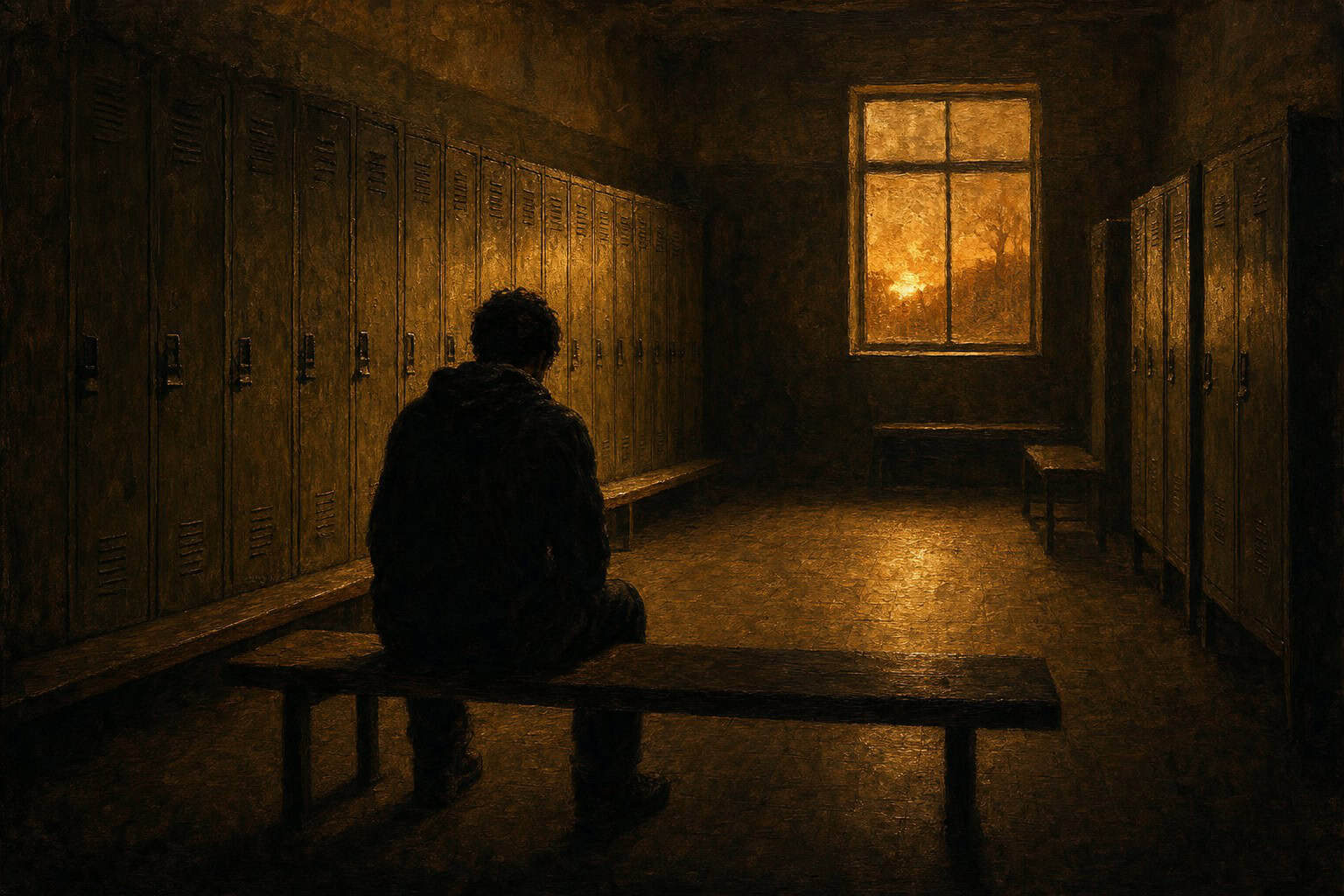 A young man in a simple robe sits by a window, gazing thoughtfully at a sunset, surrounded by rustic pottery and wooden crate