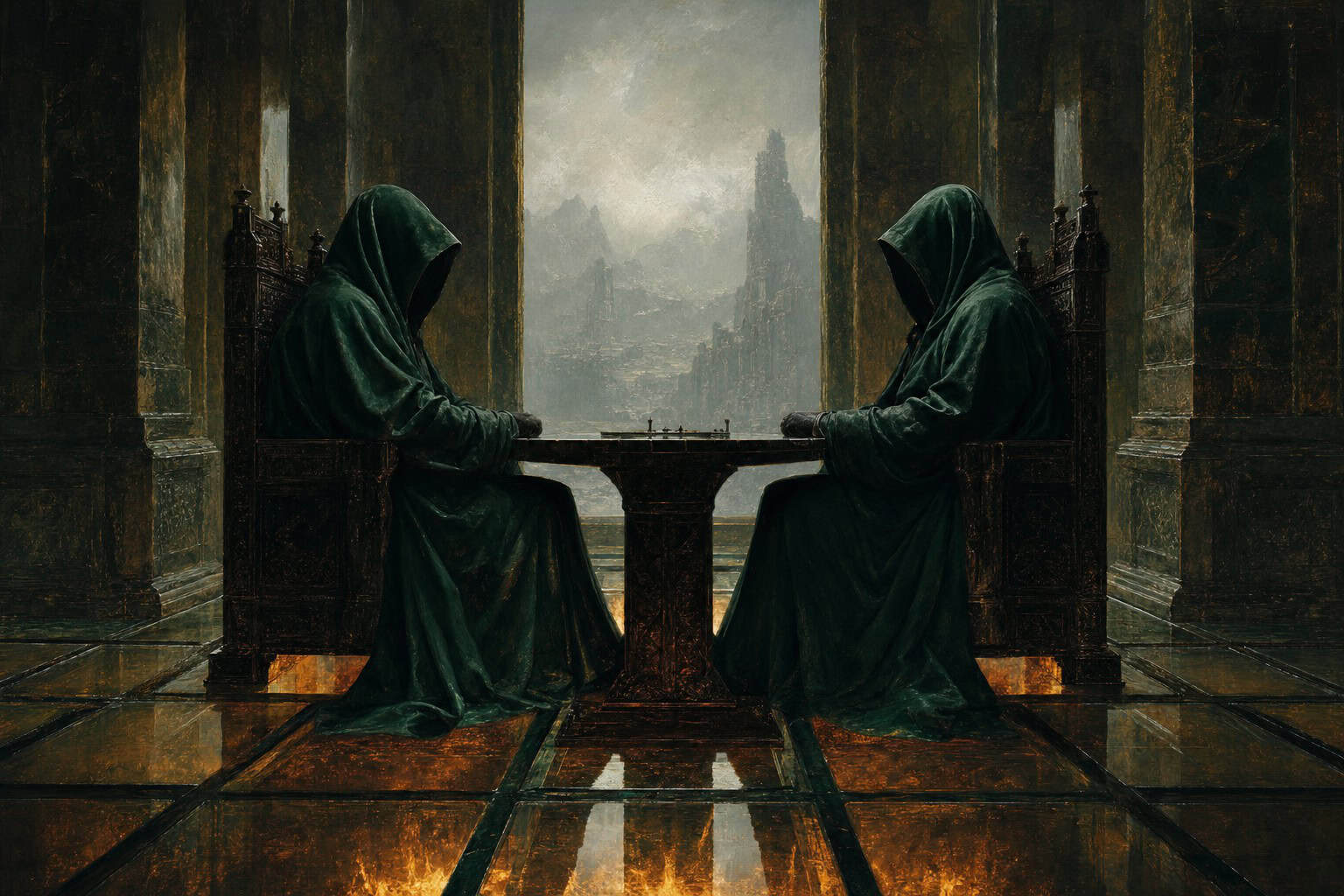 two figures facing each other across a narrow table, volcanic light beneath translucent floor — Fractions of the Soul by Anthony Adore