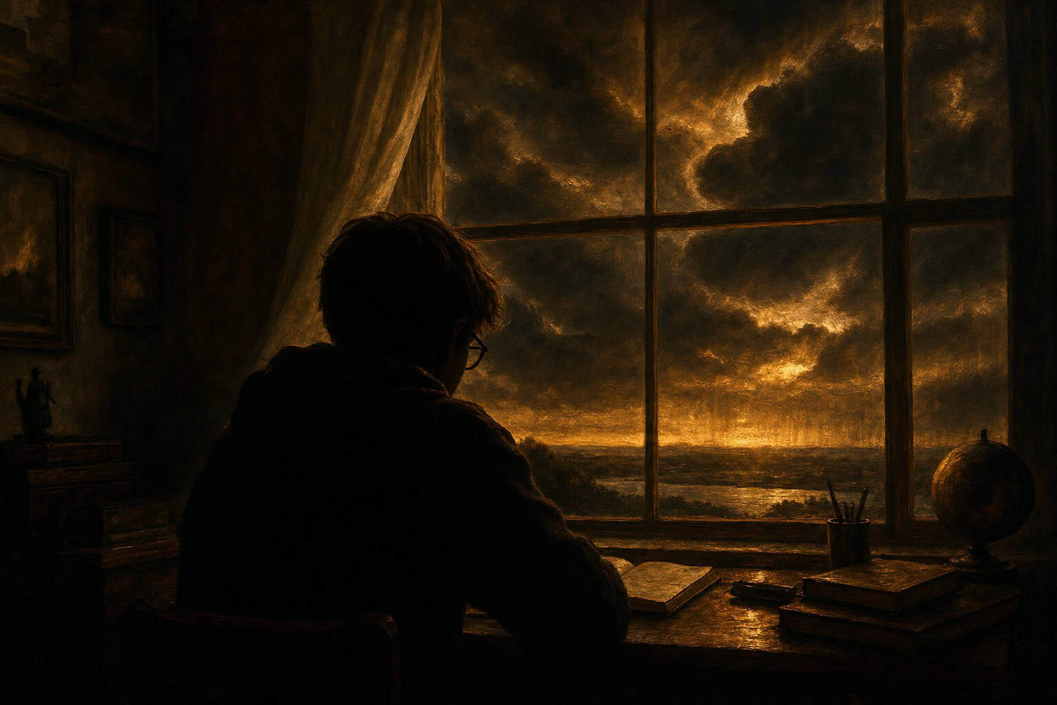 A young man in a robe sits by a window, reading a scroll, with candles illuminating the room and a sunset outside.