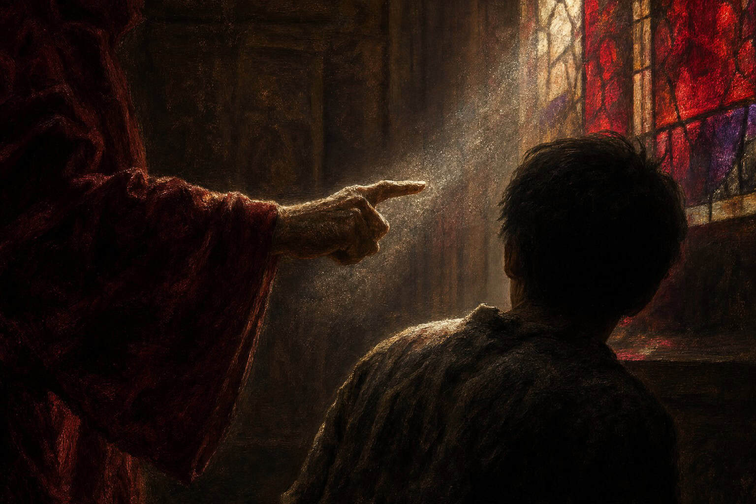 Two figures in ancient attire are illuminated by a beam of light from a stained glass window; one points upward while the oth