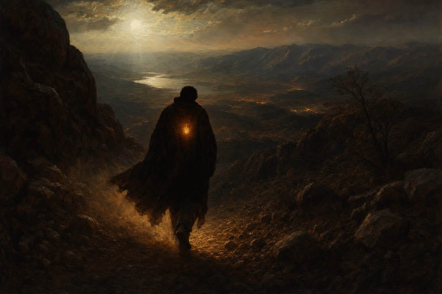 figure descending a mountain path at dusk, dust around his shoes, chest faintly luminous against the dimming — Confessions to the Empty Chair by Anthony Adore