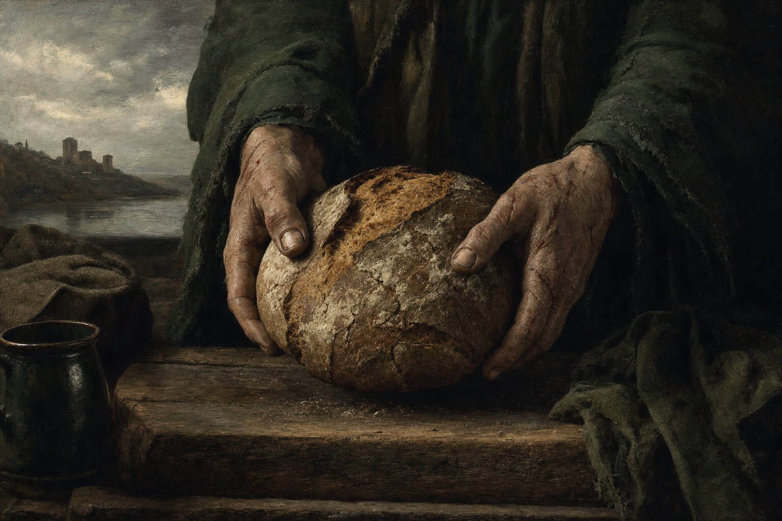 Scarred hands holding a rough, crusty loaf of bread over a worn wooden counter — Confessions to the Empty Chair by Anthony Adore