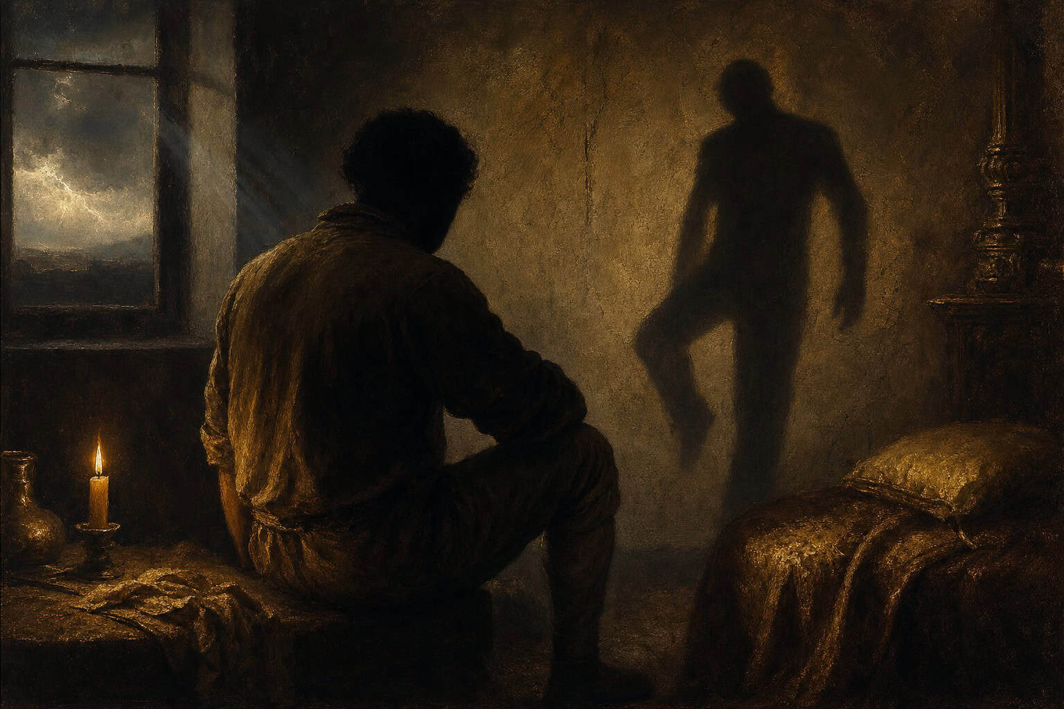 A dim room where a single candle burns beside a man’s bent leg, his shadow showing an uneven stance on the — Confessions to the Empty Chair by Anthony Adore