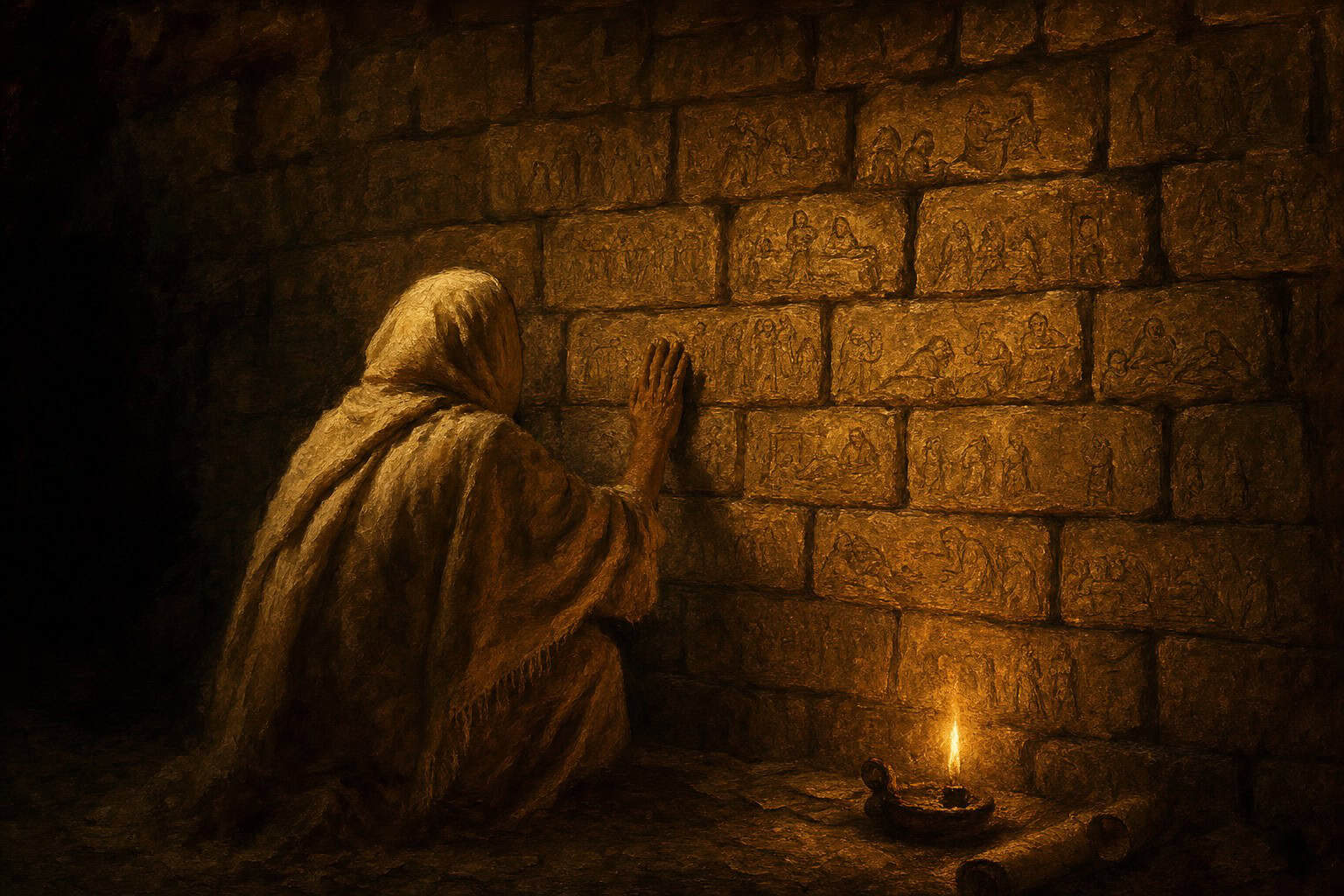 A man kneels in prayer, hands on his chest, beside a small flame illuminating a stone wall and simple pottery.