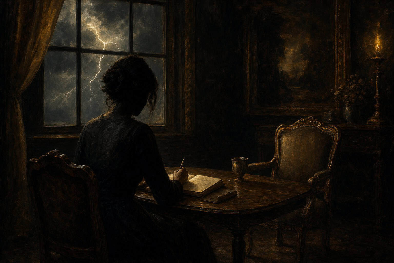 A woman in a red shawl writes at a wooden table, illuminated by a candle, with dark stormy skies visible outside.