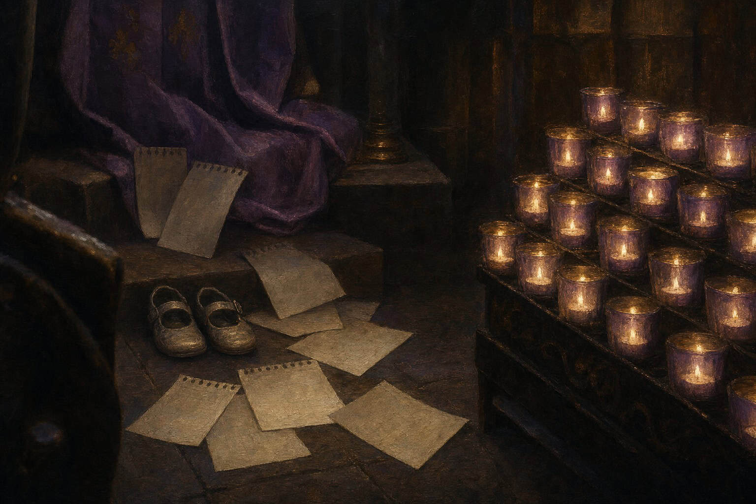 Empty calendar pages scattered on floor beside small shoes — Fractions of the Soul by Anthony Adore
