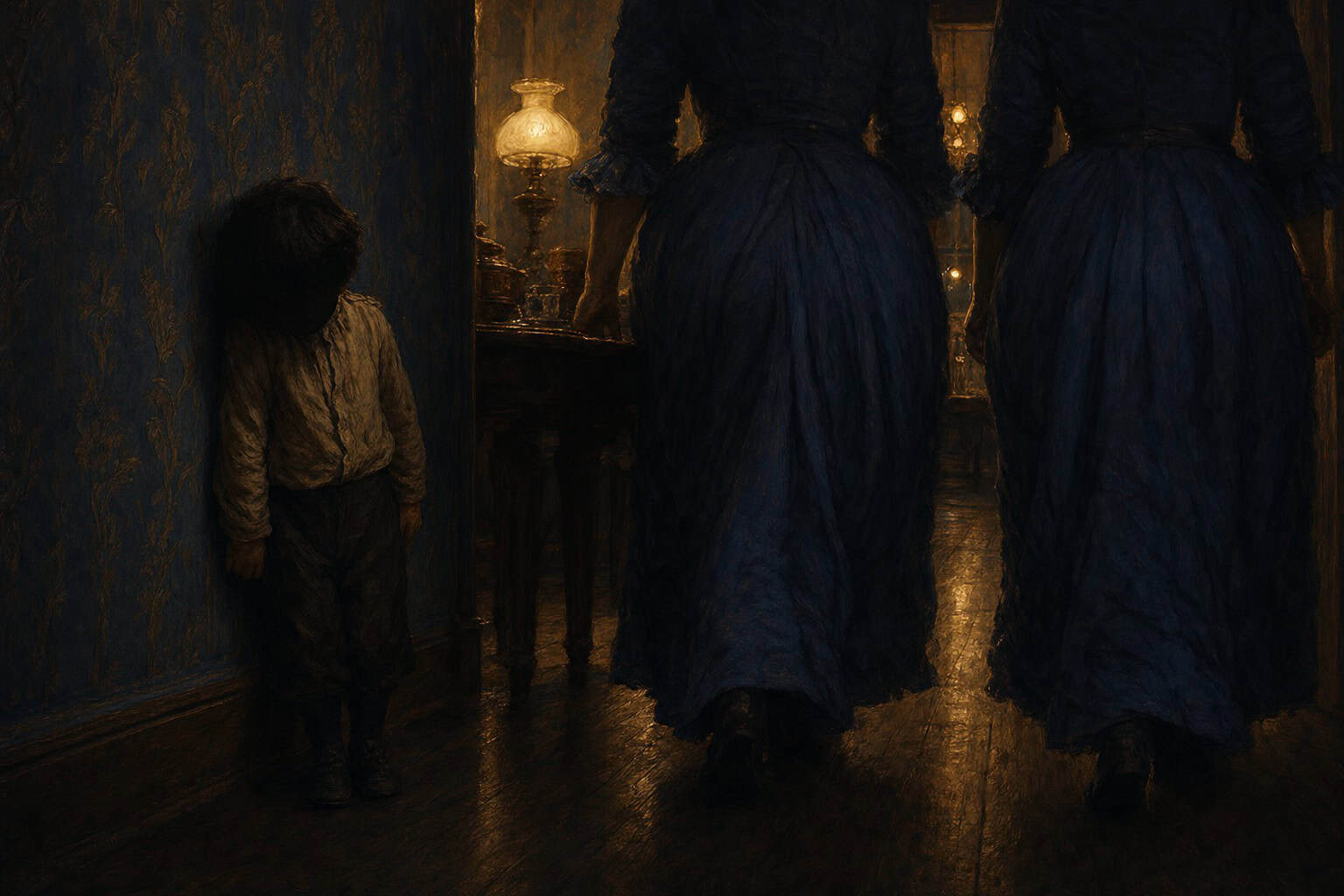 A young boy stands in a dimly lit corridor, watching two cloaked figures walk away, holding candles.