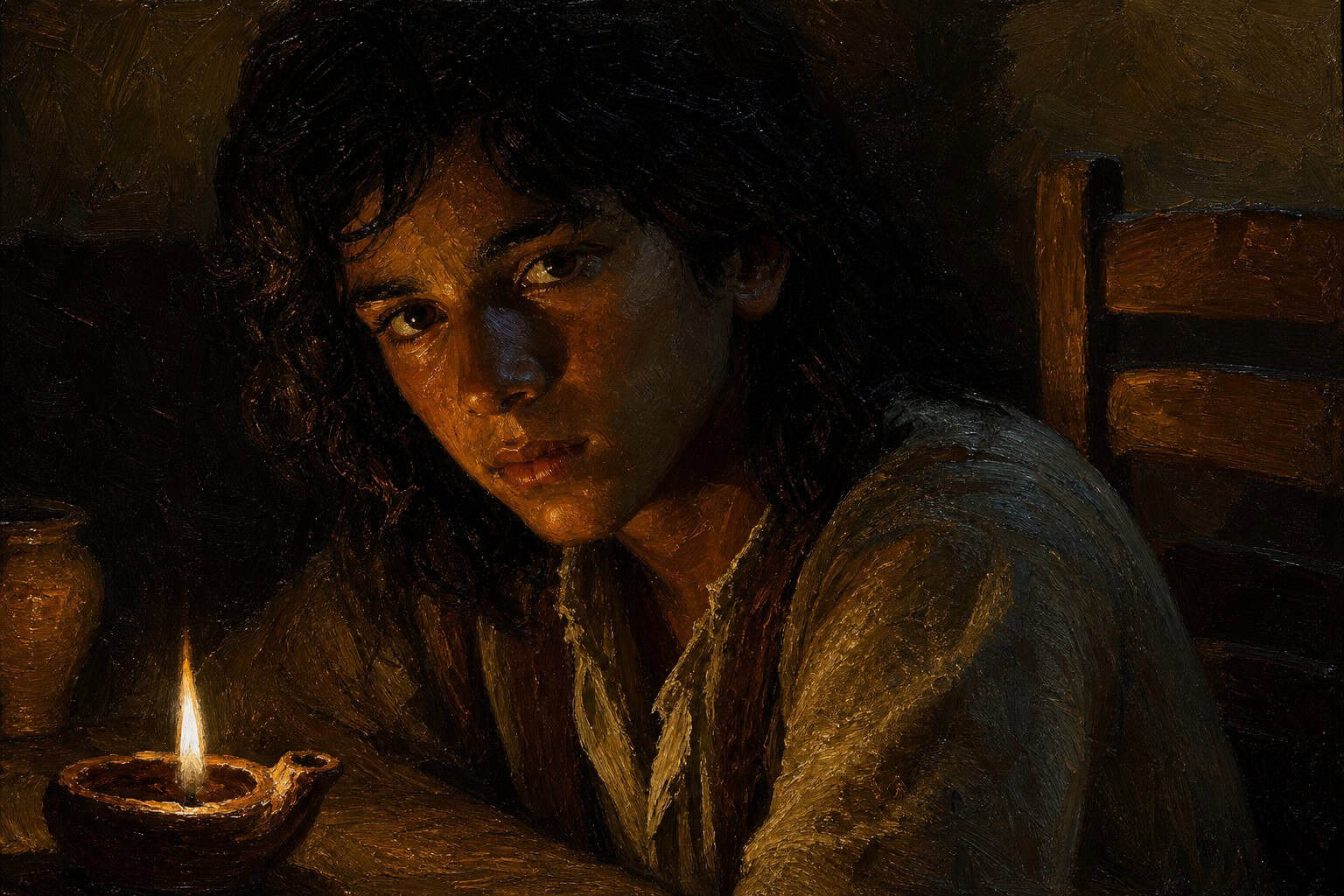 A teenage boy alone at night, face lit blue by a glowing a clay oil lamp, an empty chair beside him in the dark room
