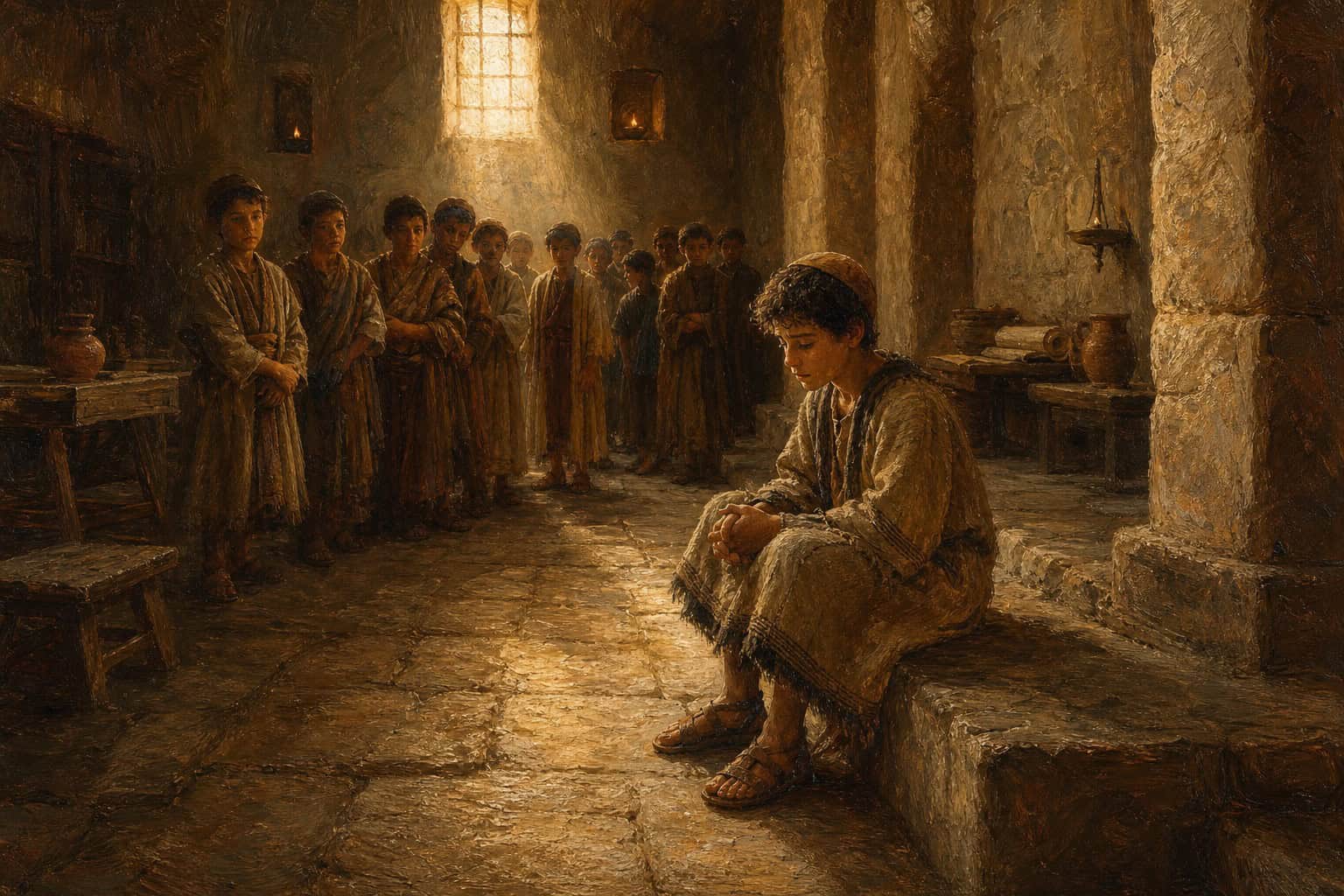 A small boy sitting alone at the edge of a 1950s a house of study a stone hall floor, early light through high windows