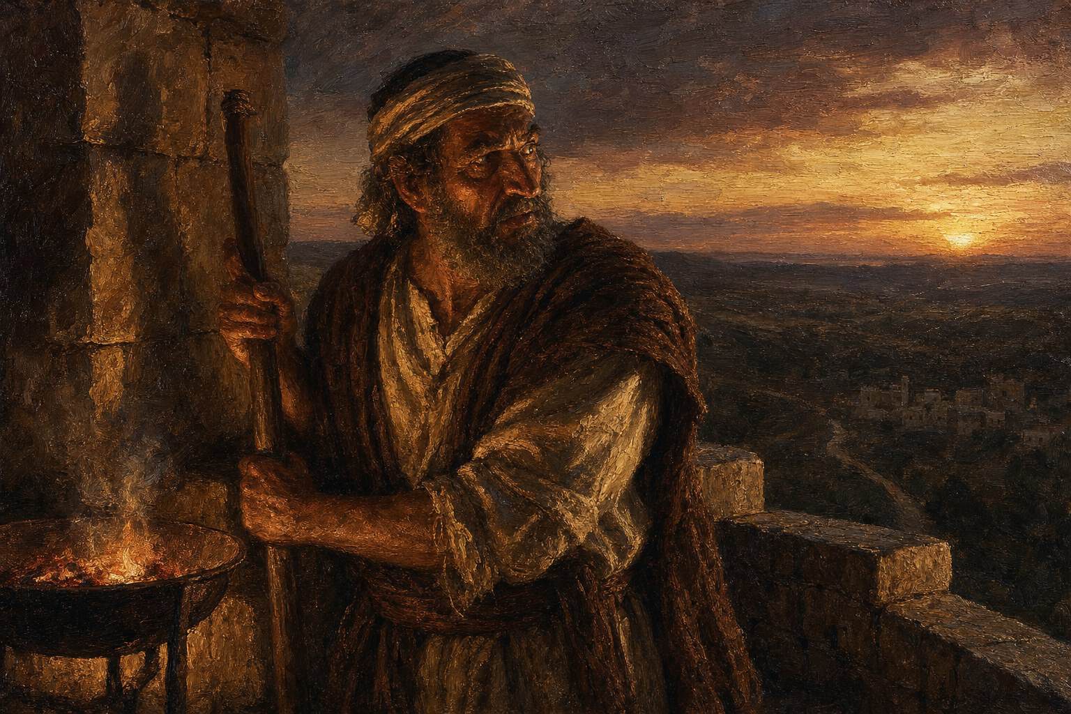 A lone figure at the top of a stone watchtower at dusk, shoulders hunched, scanning an empty horizon