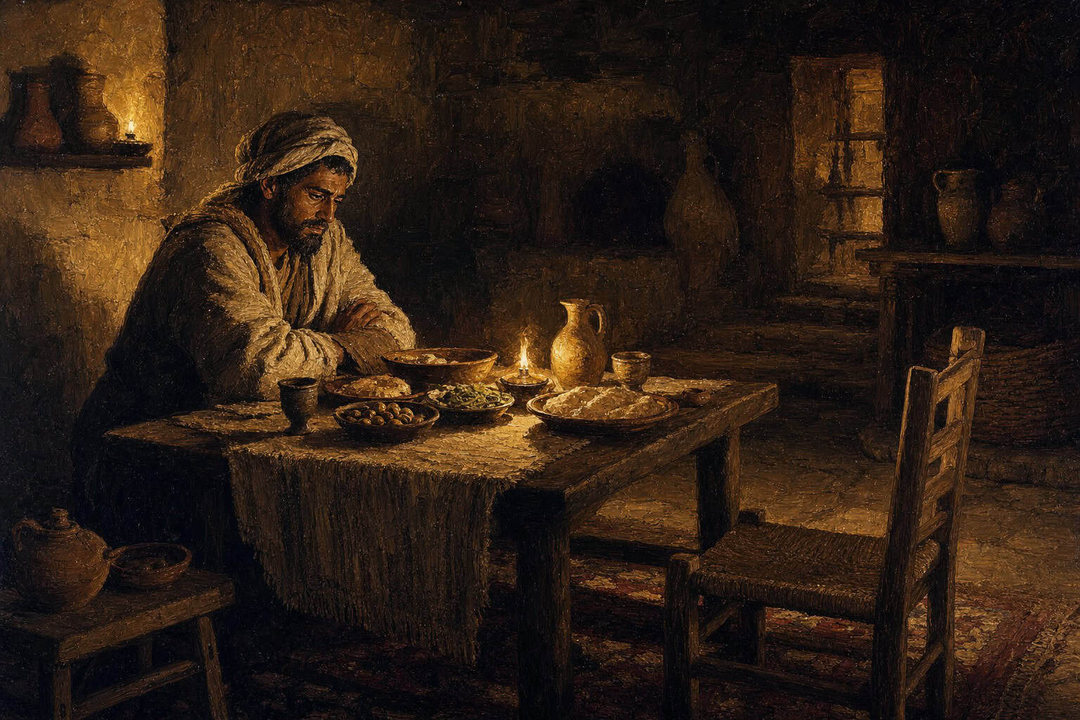 A figure seated at a full, candlelit table alone, warm light falling on the untouched food, one empty chair across