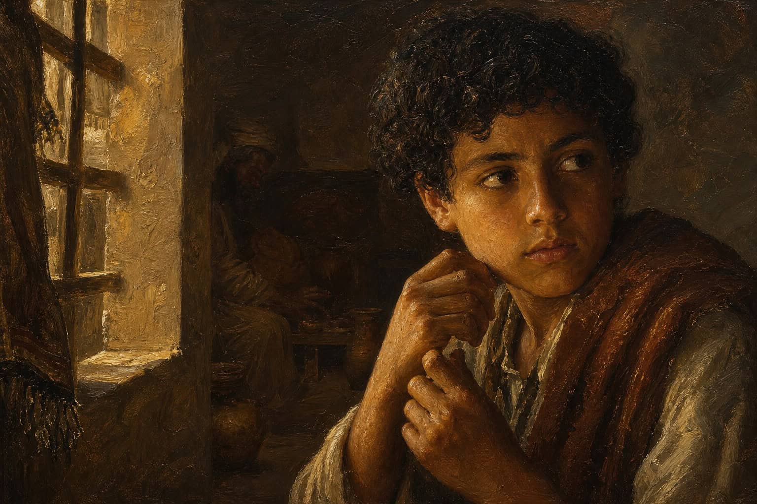 A shaded dorm window in low afternoon light, a figure half-turned away in the dim room, faint and unreadable