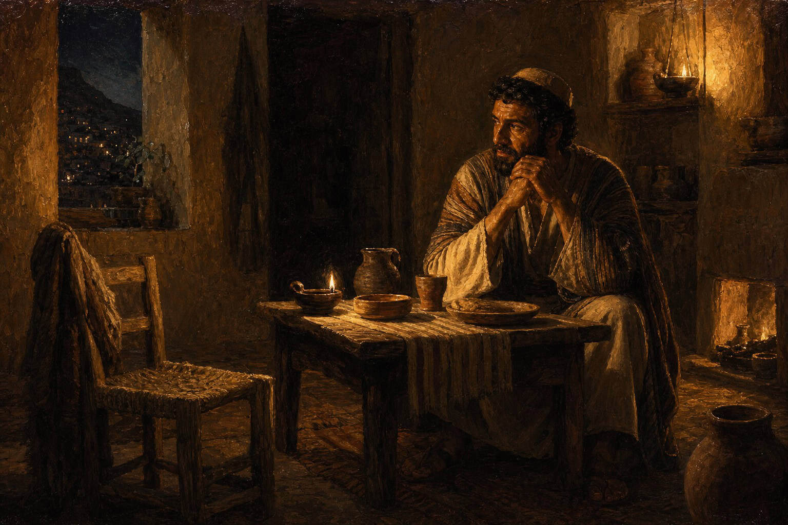 A candlelit table set for two, one chair pushed back and empty, the other occupied by a still figure turned toward shadow