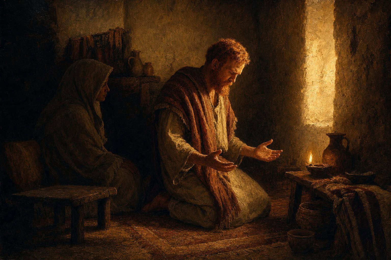 A figure kneeling in a dim room, hands slowly opening, a faint presence seated close beside him in the shadow