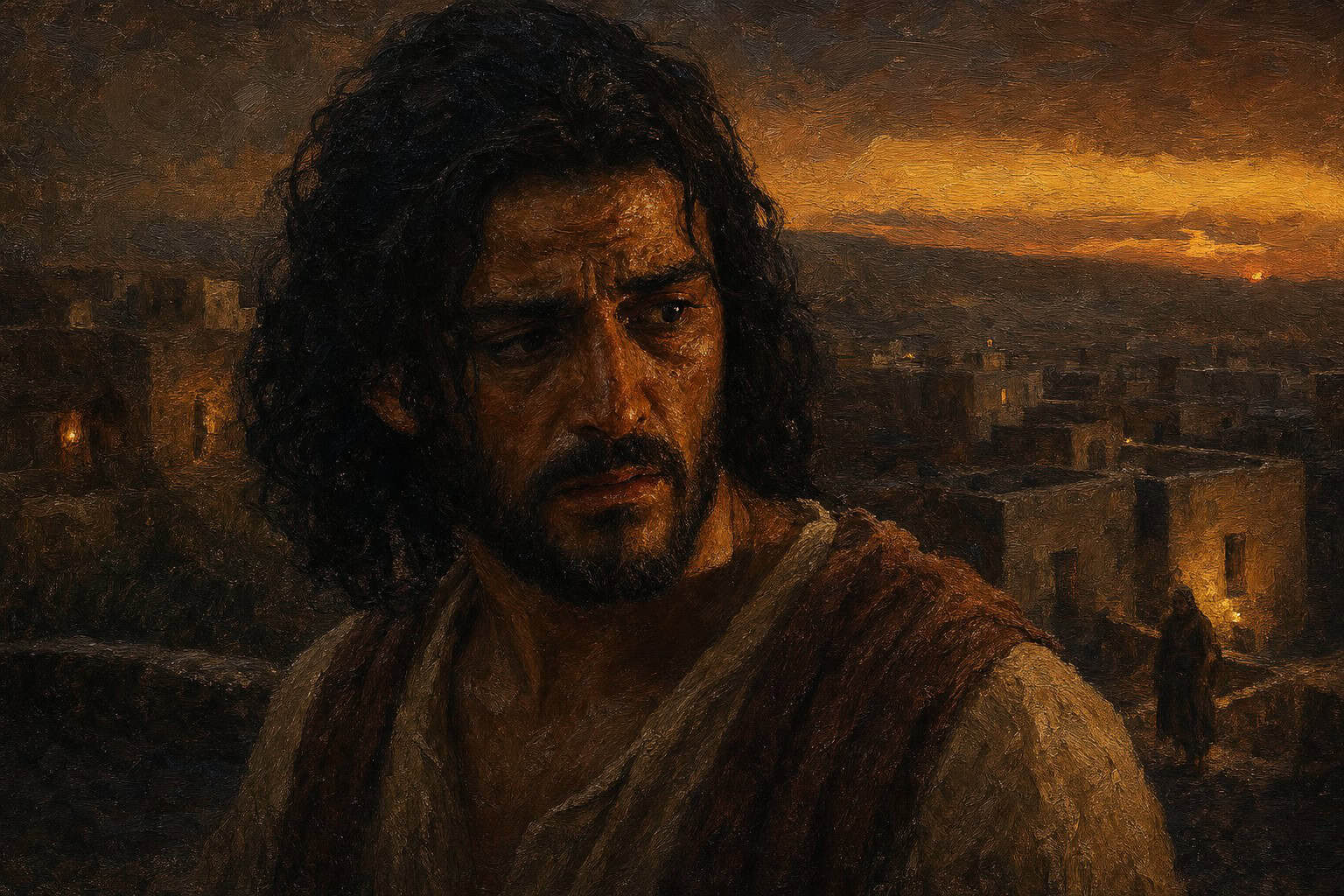 A man standing alone on a flat rooftop at dusk, hands half-open at his sides, a distant figure below just out of focus