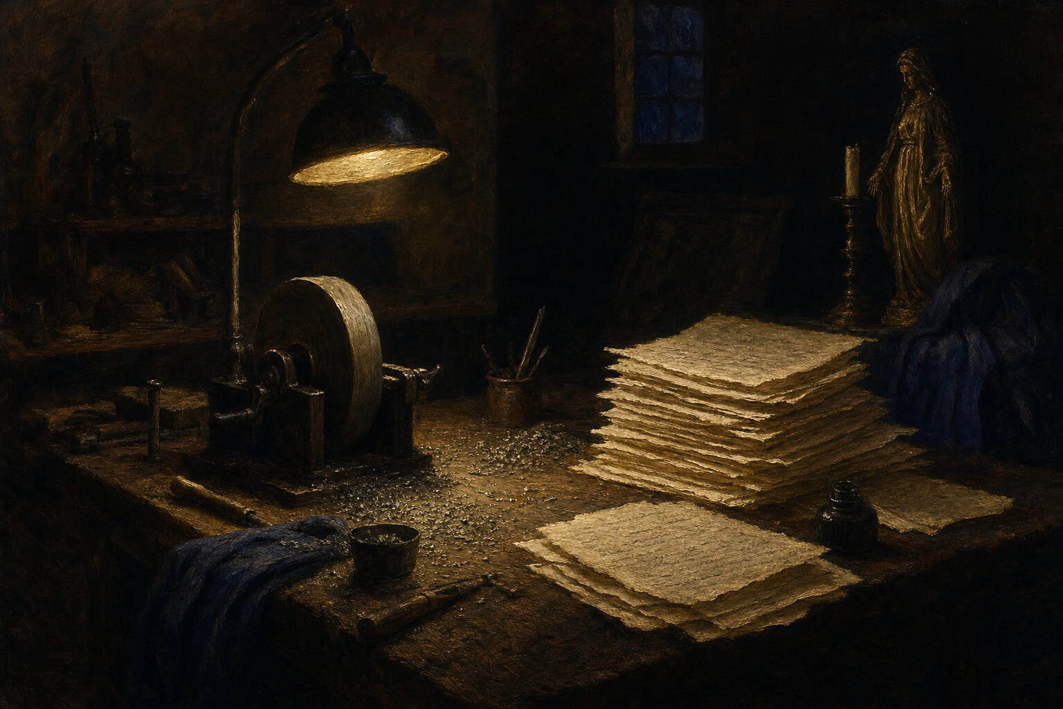 a dim workshop with a grinding wheel still, thin metal filings scattered on the bench beside a growing stack — Fractions of the Soul by Anthony Adore