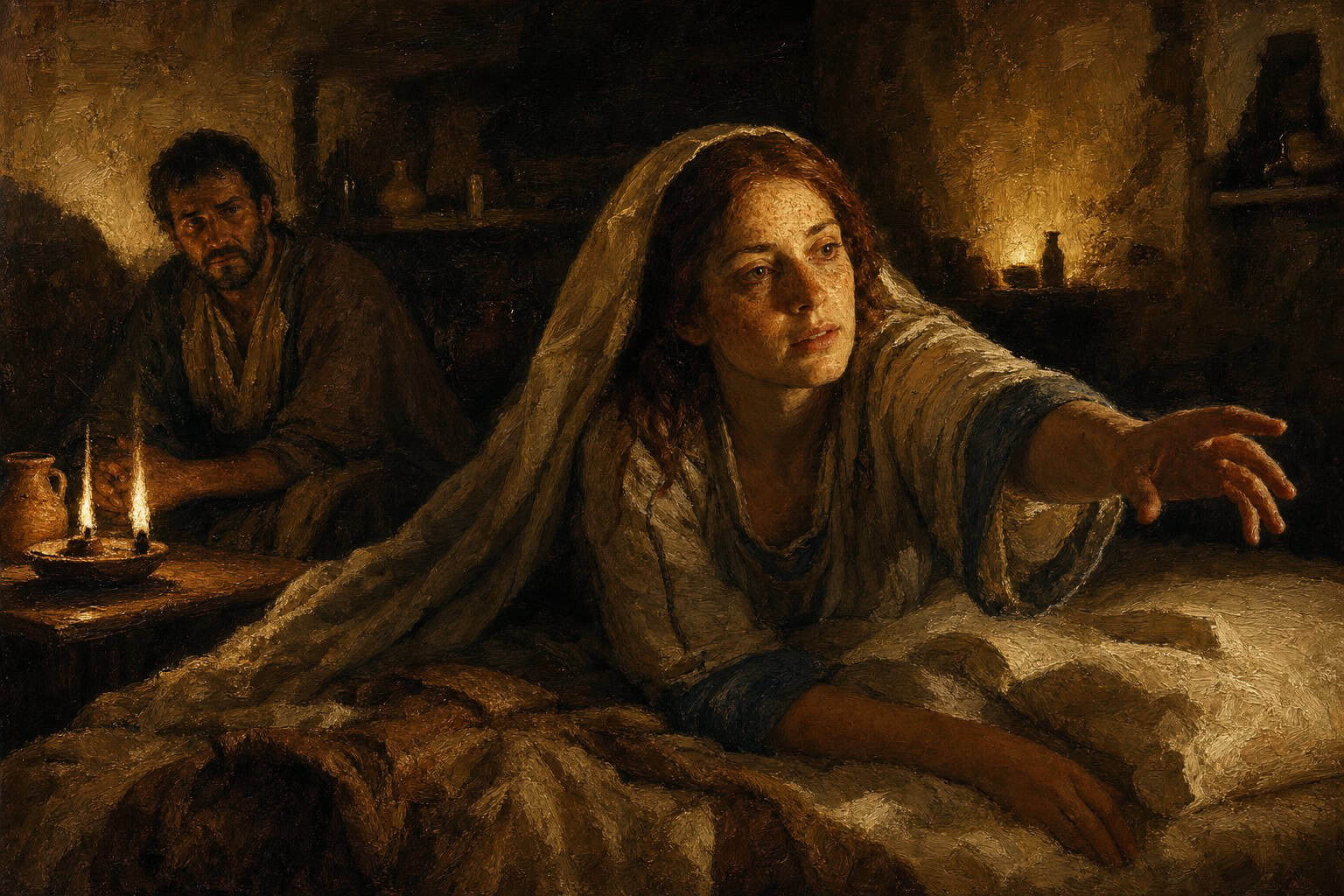 A dim sleeping chamber at night, a woman half-turned in shadow with freckled skin catching low light
