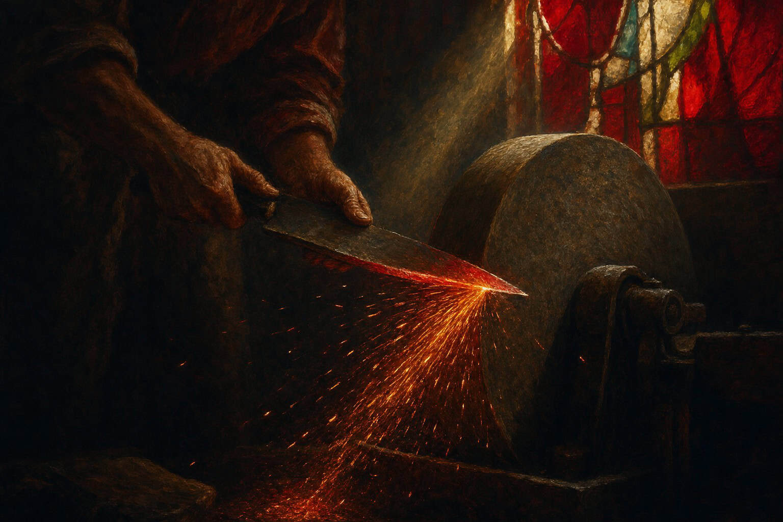 steel being shaped against grinding stone, sparks in darkness — Fractions of the Soul by Anthony Adore
