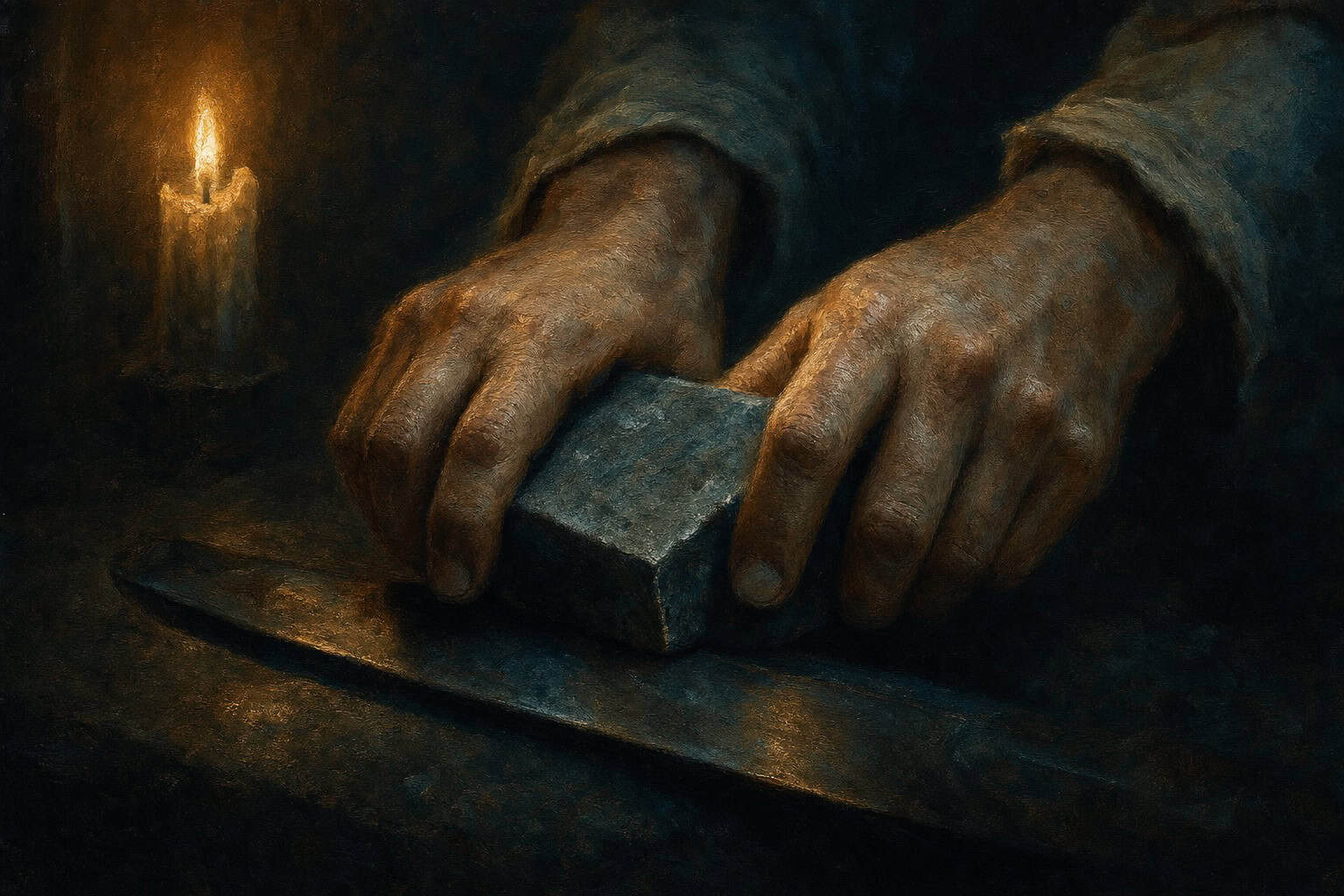 A bearded man sits at a wooden table, sharpening a stone with a knife, illuminated by a small candle's warm glow.