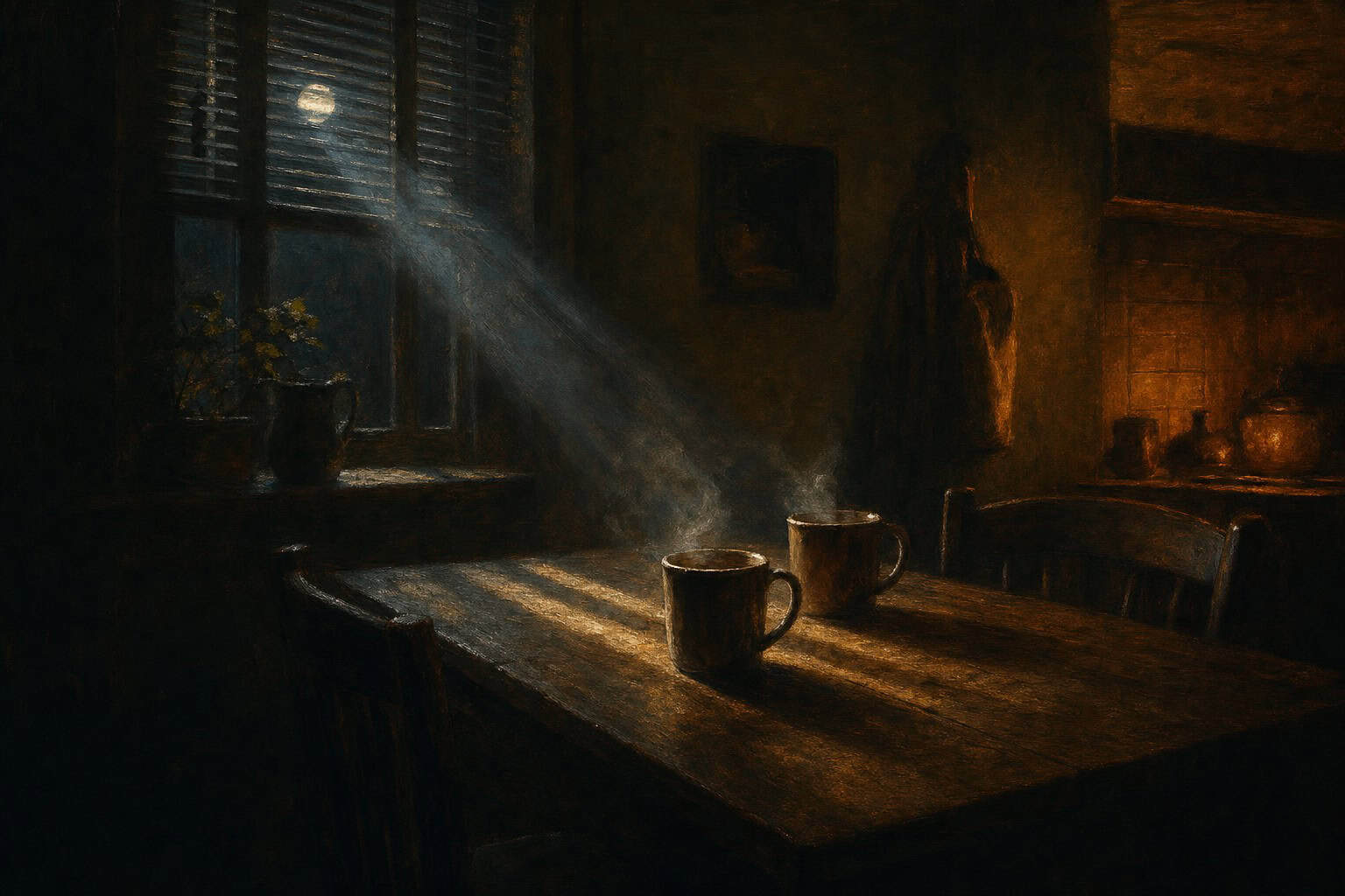 empty kitchen table with two coffee mugs and morning light slanting across cooling steam — Fractions of the Soul by Anthony Adore