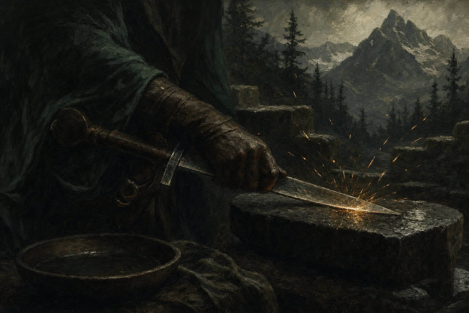 blade pressed against dark stone, sparks rising in the grinding — Fractions of the Soul by Anthony Adore