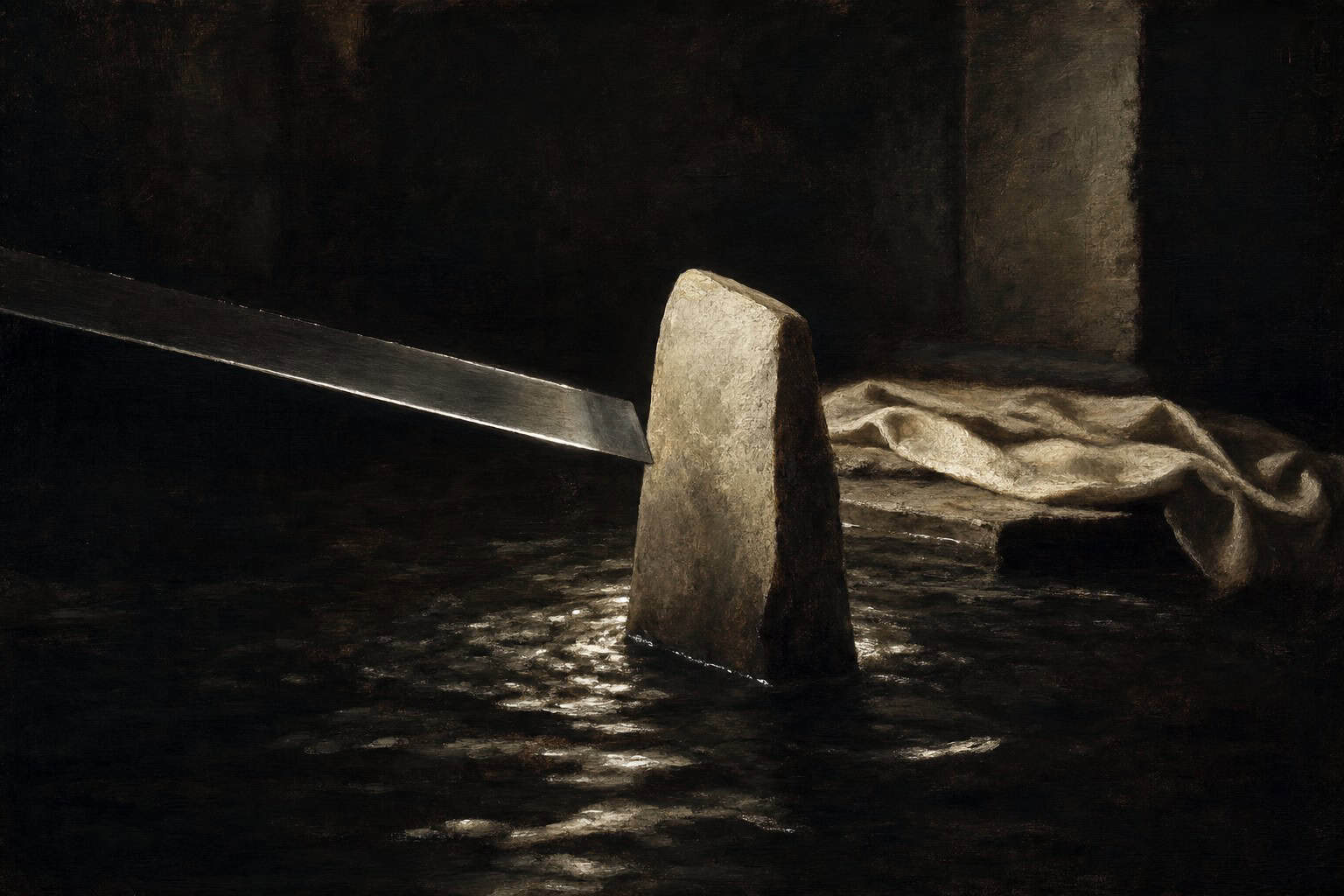 A single sharpening stone breaking the surface of dark water as a strip of steel approaches, unsharpened, — Fractions of the Soul by Anthony Adore