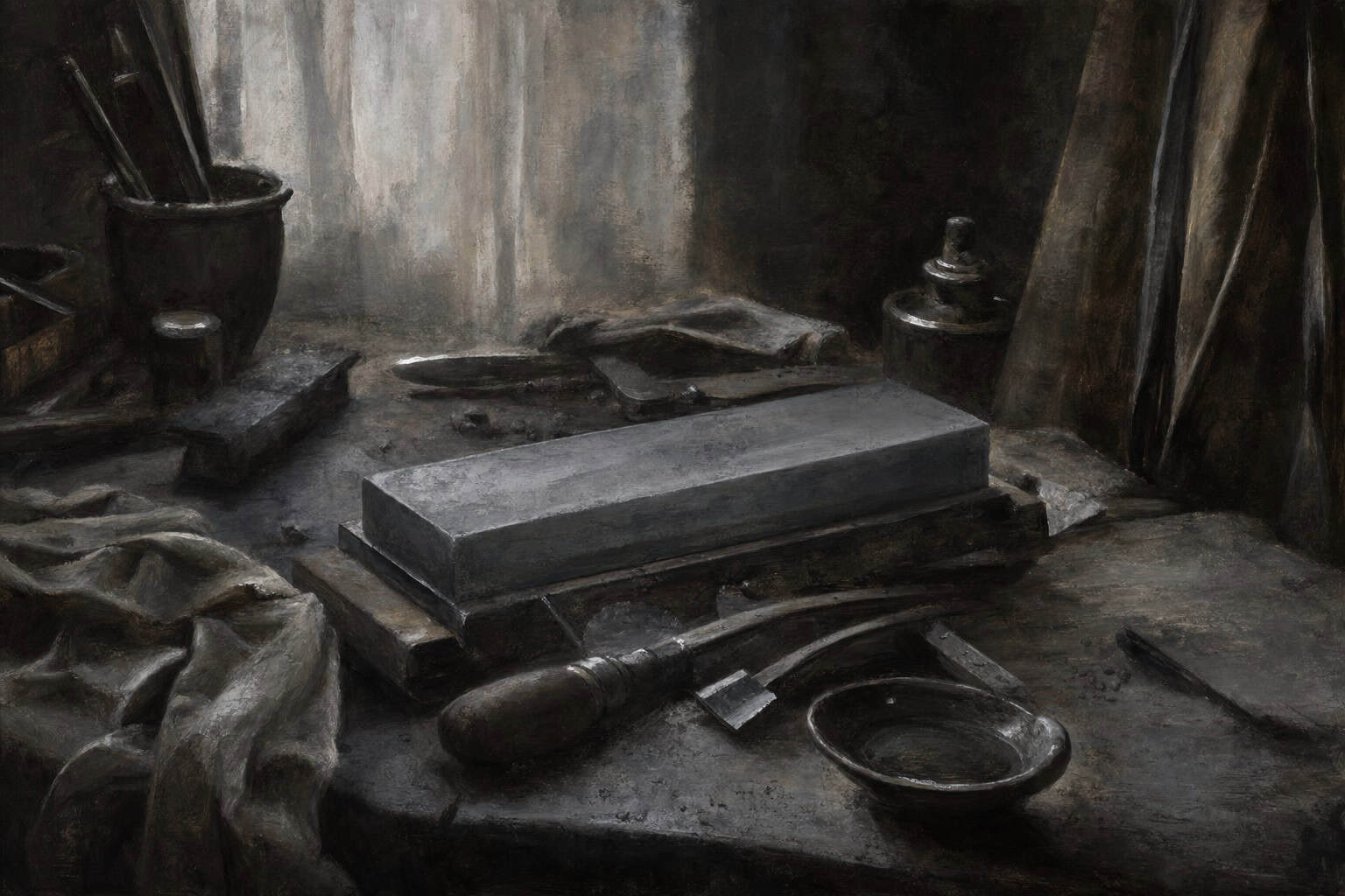 a whetstone on a cluttered workbench, covered in fine gray metal dust — Fractions of the Soul by Anthony Adore