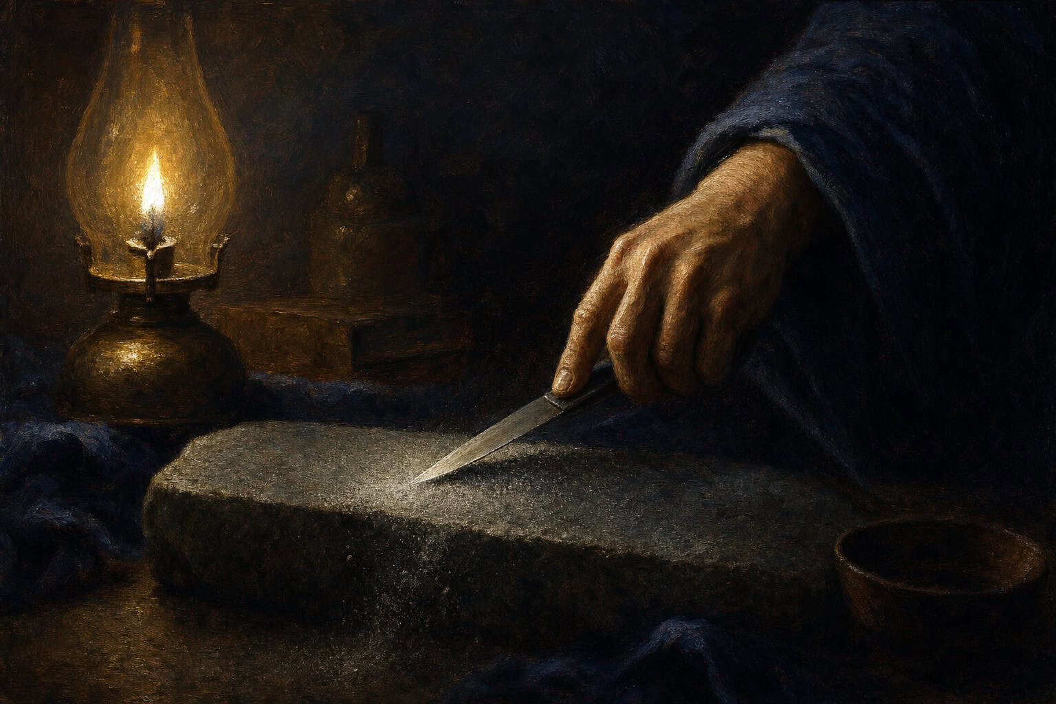 a single knife edge being drawn slowly along a rough gray stone, metal filings dusting the surface like fine — Fractions of the Soul by Anthony Adore