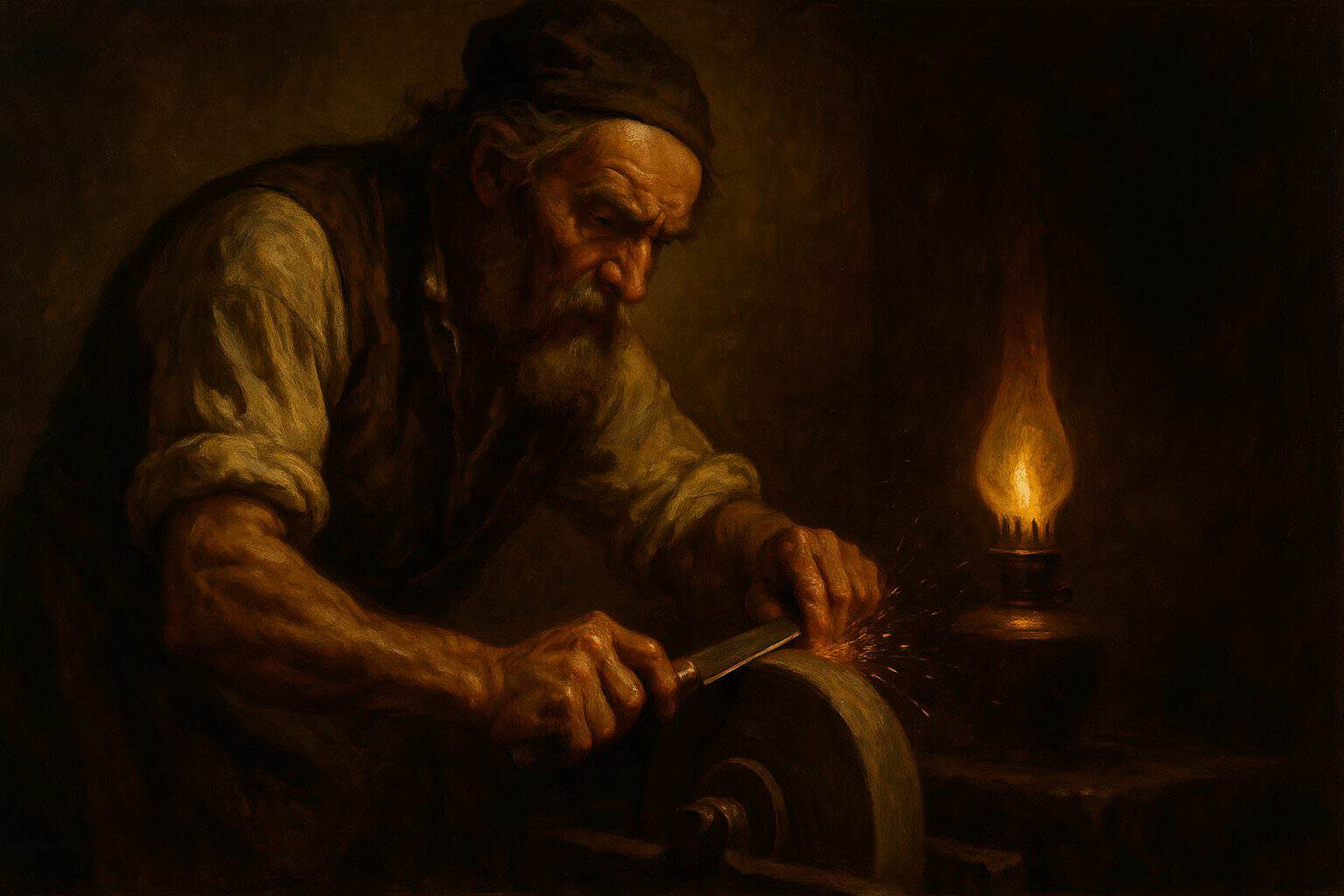 Old knife-grinder honing a blade on a spinning whetstone by lamplight, sparks flying, set determined face