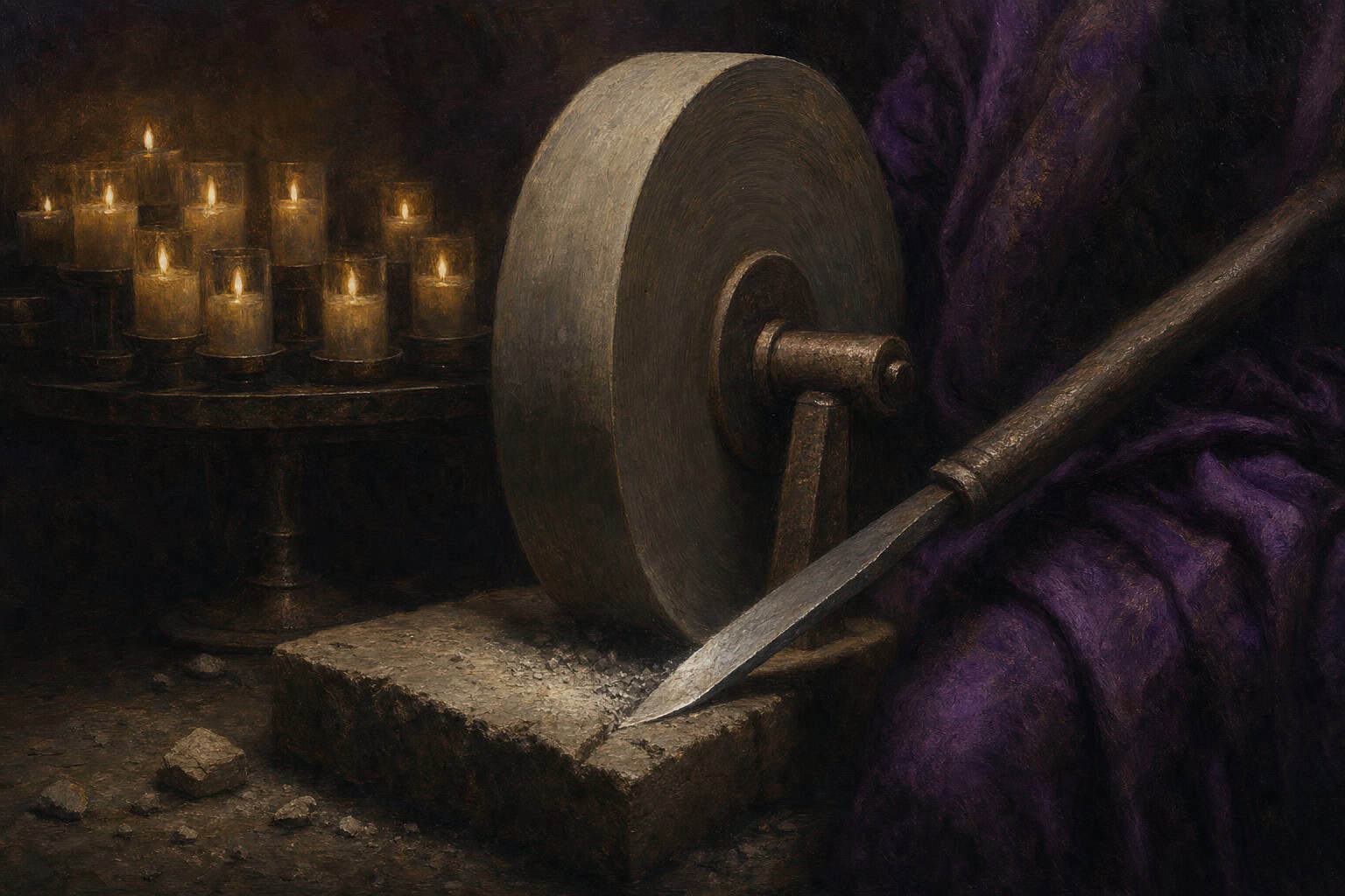 A grinding wheel wearing down stone while the blade remains sharp — Fractions of the Soul by Anthony Adore
