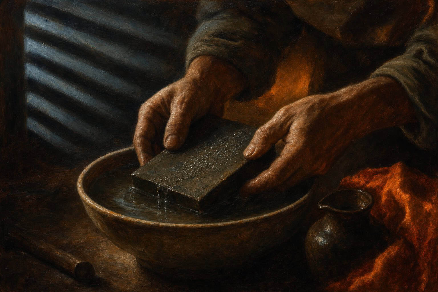 hands holding a worn whetstone with metal filings suspended in water — Fractions of the Soul by Anthony Adore