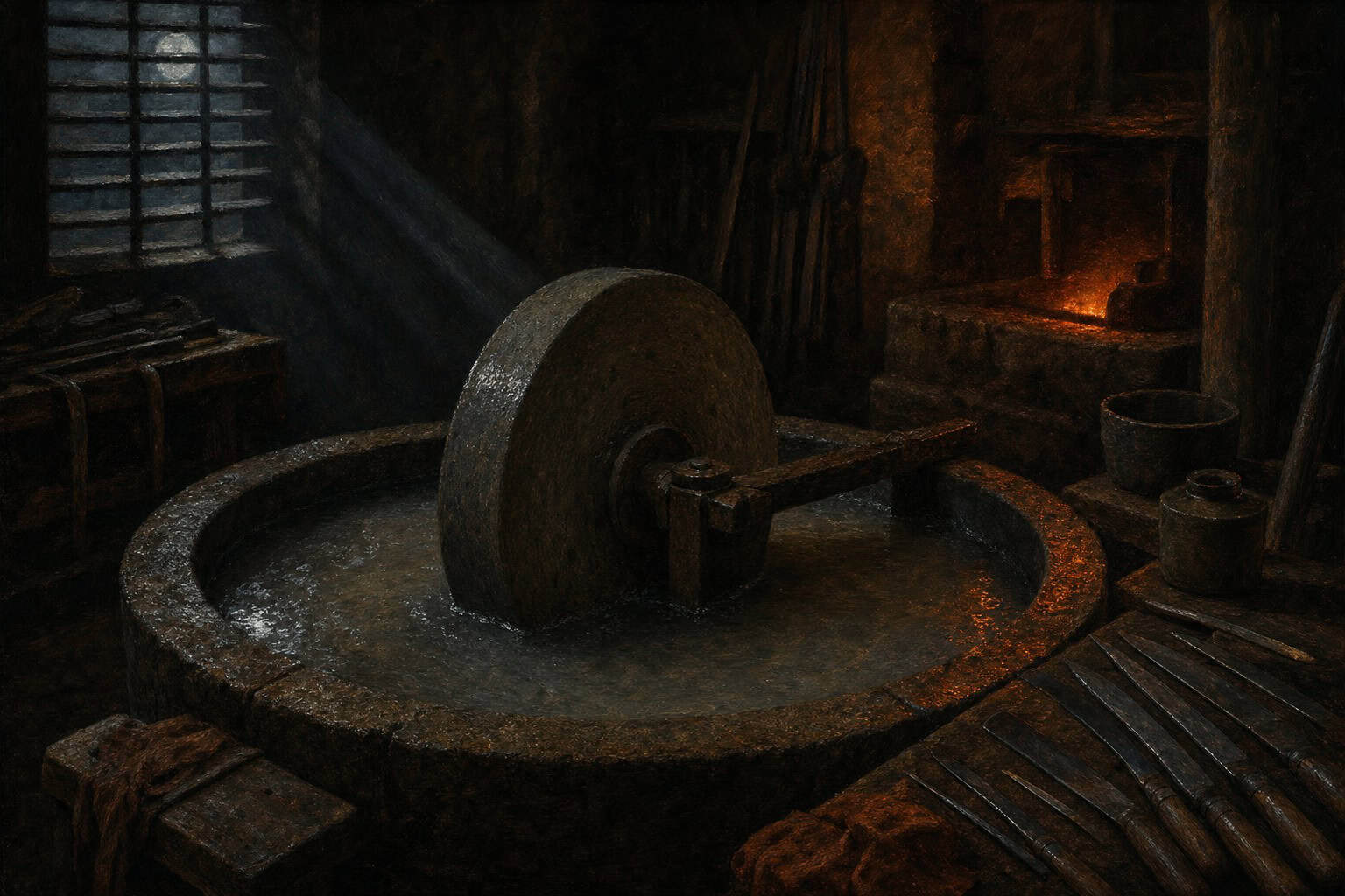 A grinding stone in a dim workshop, its basin clouded with grey water and metal filings from countless — Fractions of the Soul by Anthony Adore