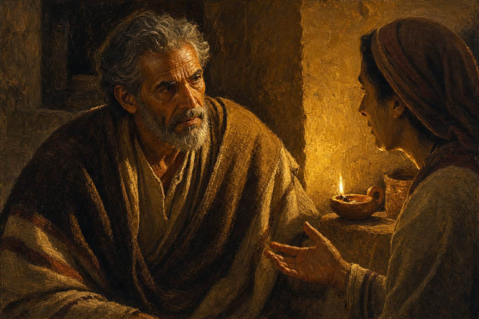 A dim room, one lamp, two figures facing each other across a small gap, one face calm and waiting, the other caught mid-word