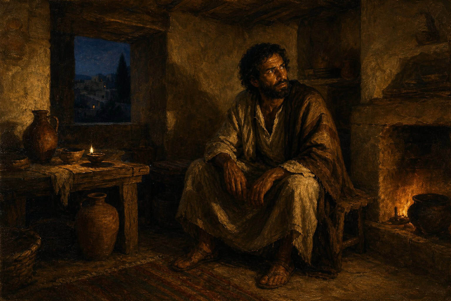 A grown man seated alone in dim lamplight, head tilted as if listening to a distant sound