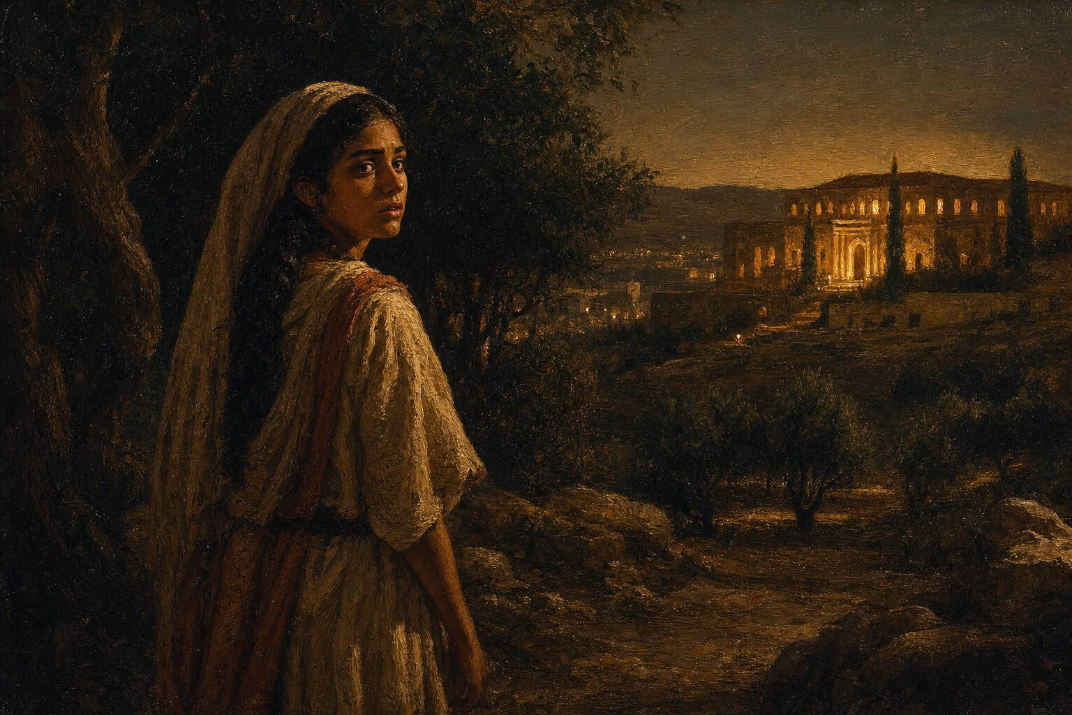 A solitary figure at the dark treeline gazing toward a distant lighted hall, warm windows glowing across dim ground