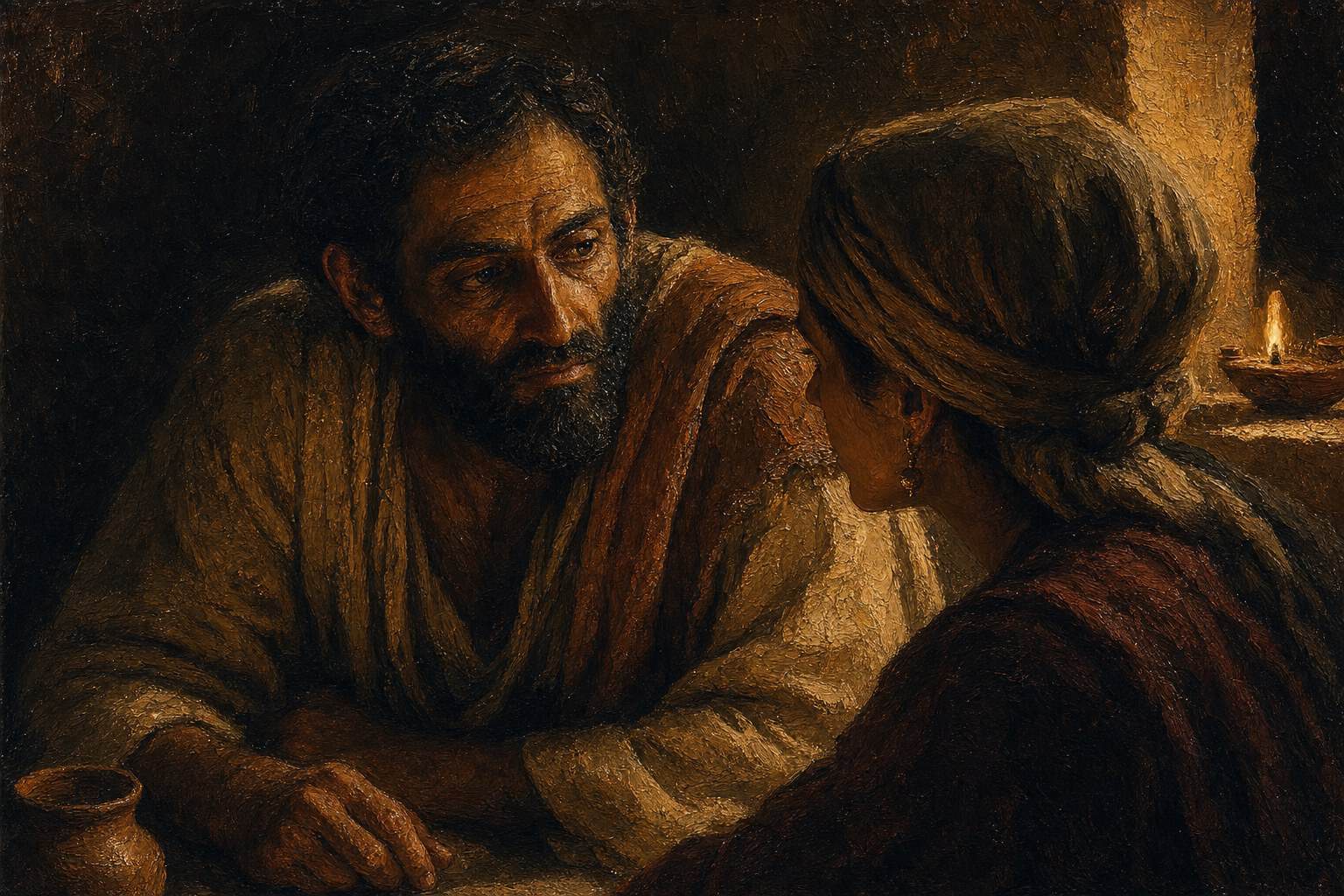 Two men sit facing one another at a candlelit table, leaning close in conversation.