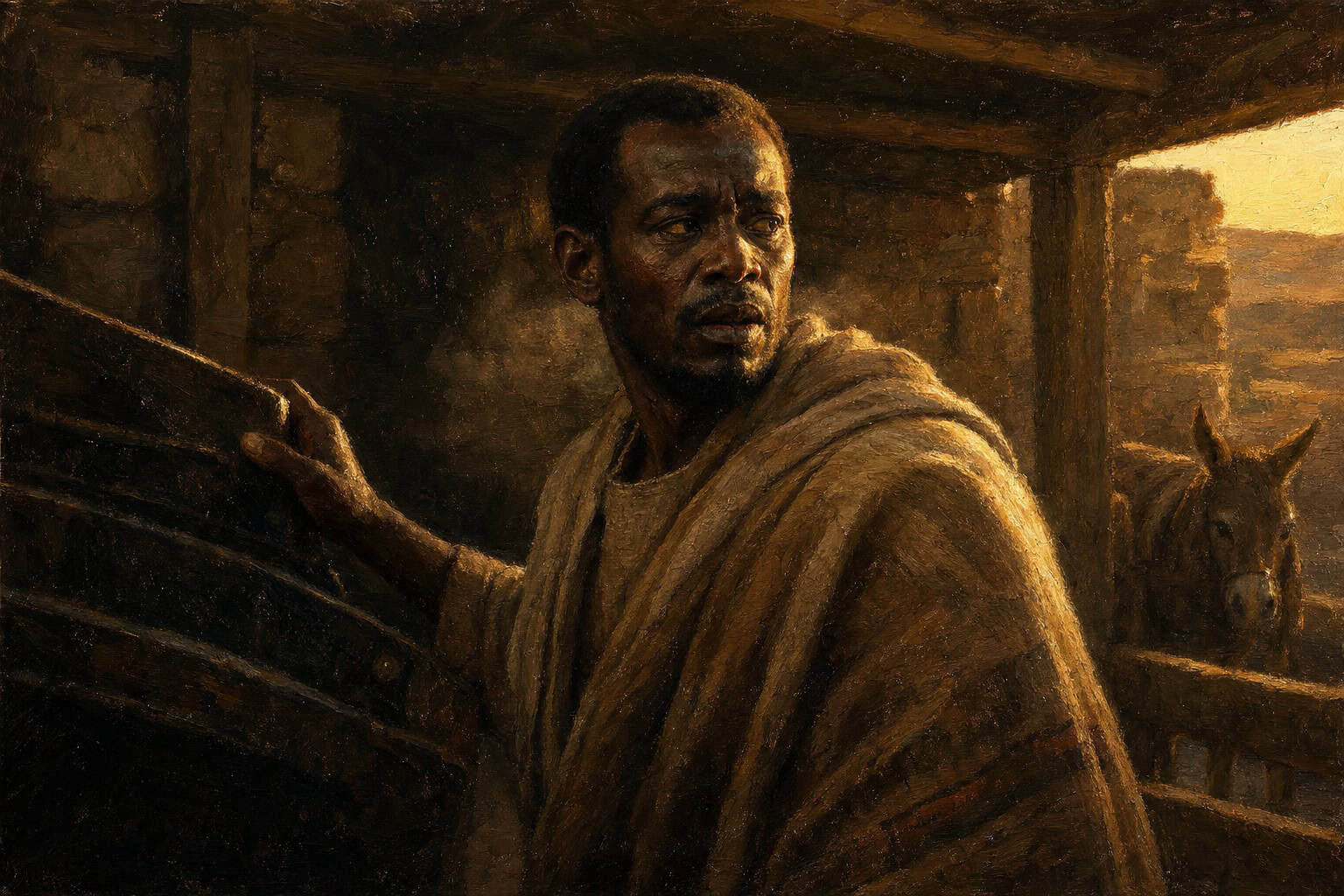 A dim stable at dawn, an open cart hood, a single hand resting on dim metal, breath visible in the chill