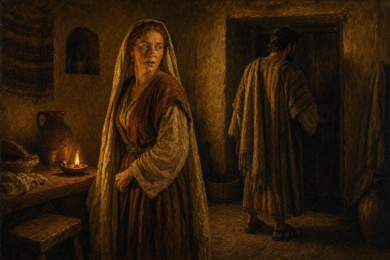 A dim room lit by a single lamp, a closed door, two figures caught in the moment before a gesture