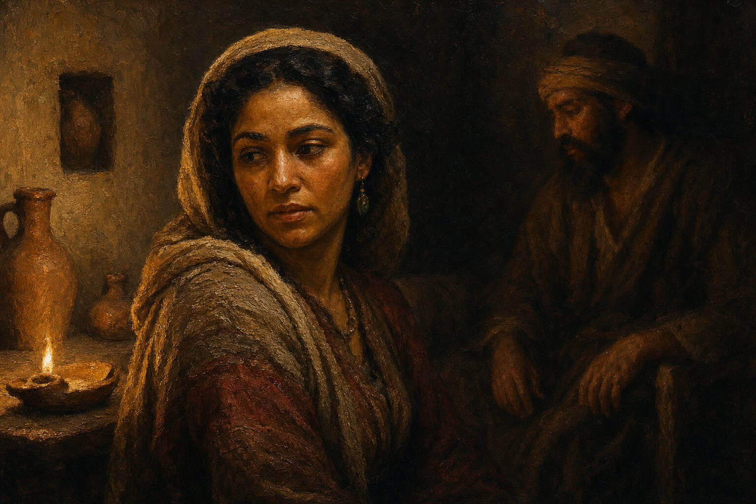 A woman's composed face turned slightly away in dim light, a man's blurred figure behind her, dim tones
