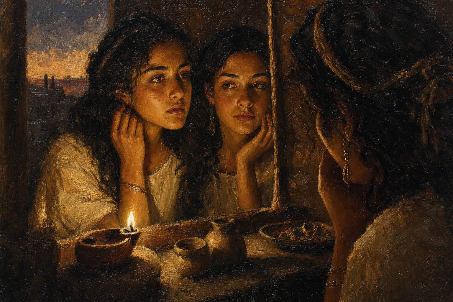 A young woman half-lit at a mirror, one side of her face open and childlike, the other composed and performed