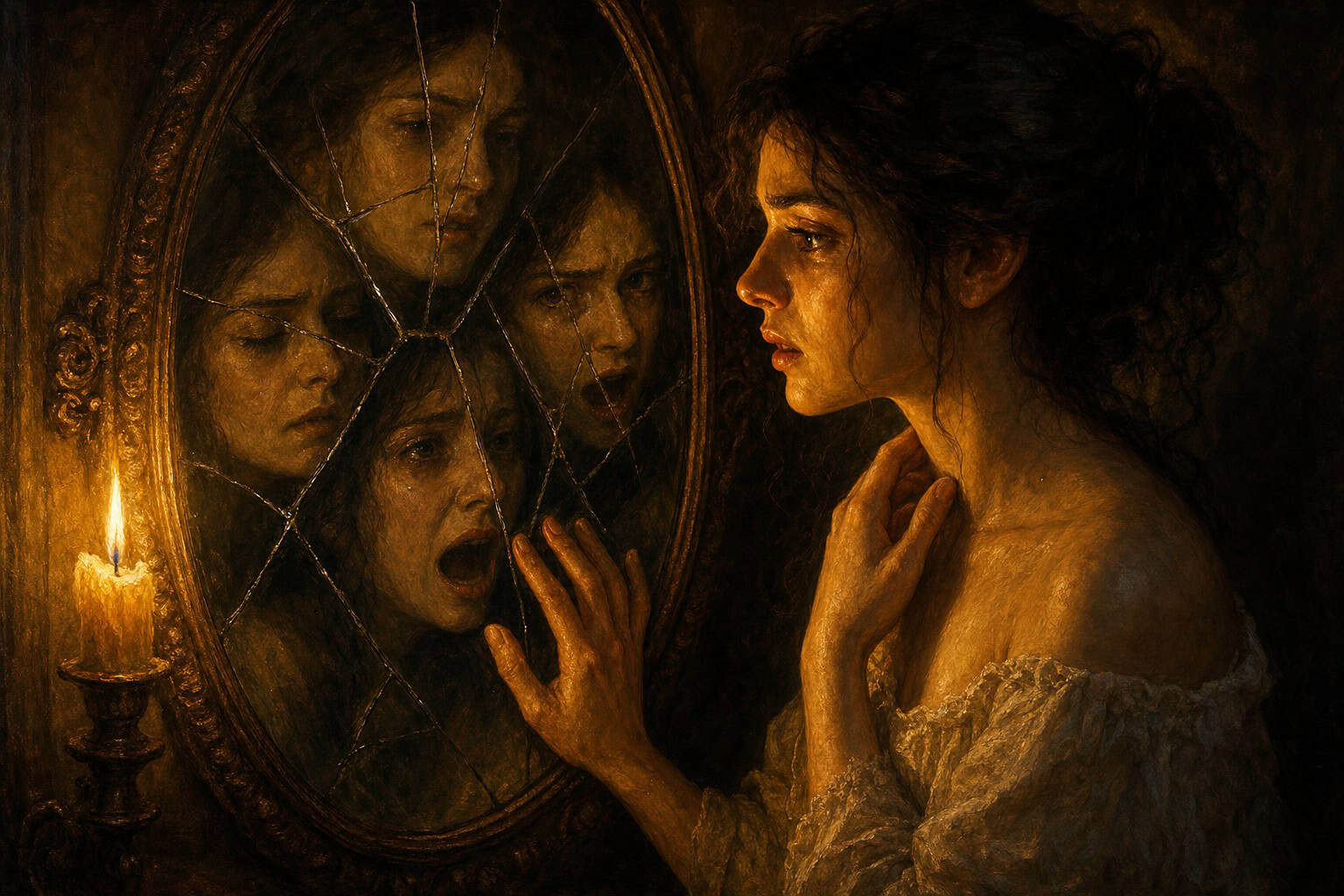 A woman gazes into a cracked mirror, her expression revealing sorrow as multiple reflections show her distressed face, illumi