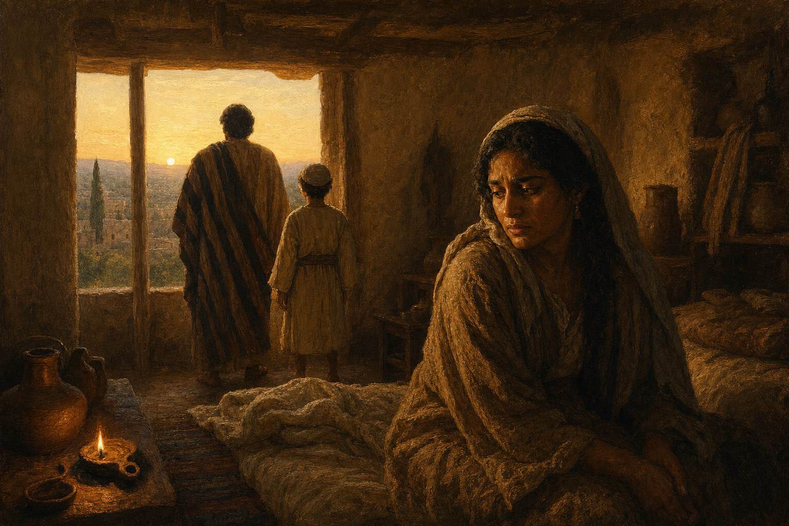 Two figures at dawn seen from behind, turned toward the same distant light
