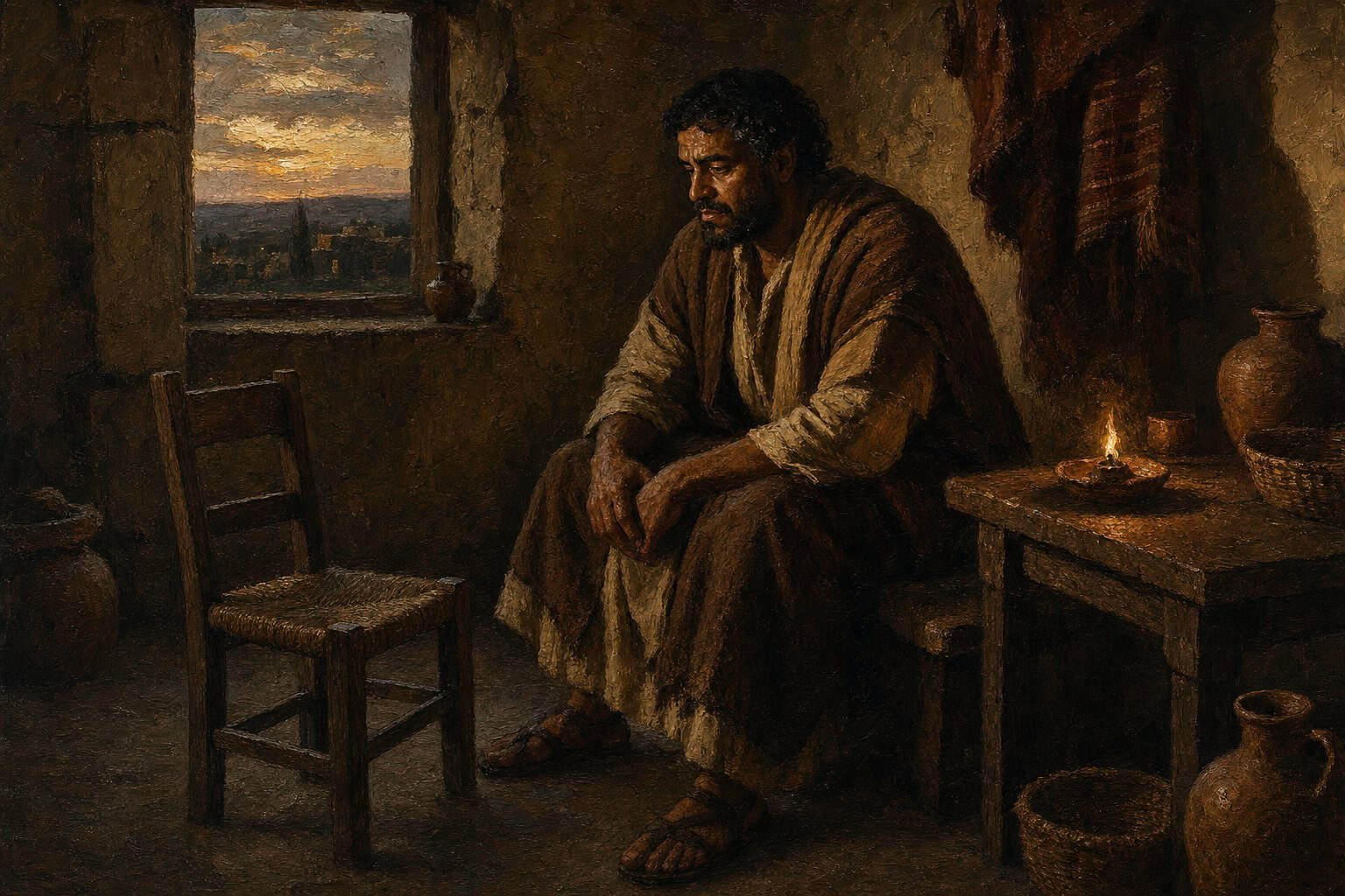 A dim room at dusk, one empty chair pulled from a table, a window letting in the last low light