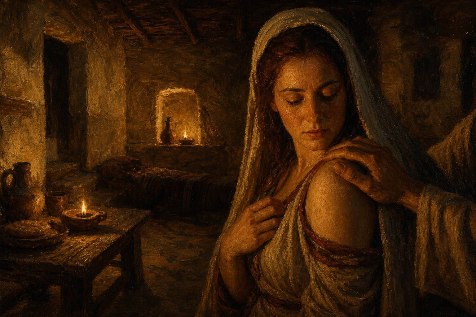 A single hand resting on a bare shoulder in dim warm light, the face turned away in shadow