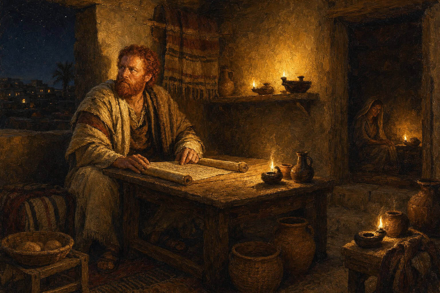 A lamplit study at night, a man seated with an open scroll, every lamp burning bright except one dark corner where a second